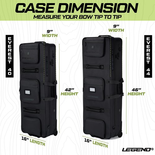 Legend Everest Hybrid Roller Lockable Compound Bow Case - Metal Structure, Foam Padding, Tricot Lining, Fastening Straps, Cam Protector, Front Pockets, Removable Wheels - Airline-Endorsed - 44" Grey