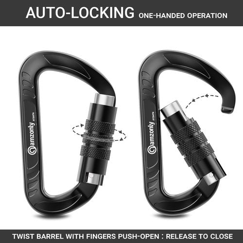 3inch Auto Locking Carabiner Clips Heavy Duty, 12KN /2697lbs Lightweight Keychain carabiners, Sturdy Twist Lock Caribeeners for Camping Hiking Hammock Swing Backpack, Dog Leash and Harness etc, Black