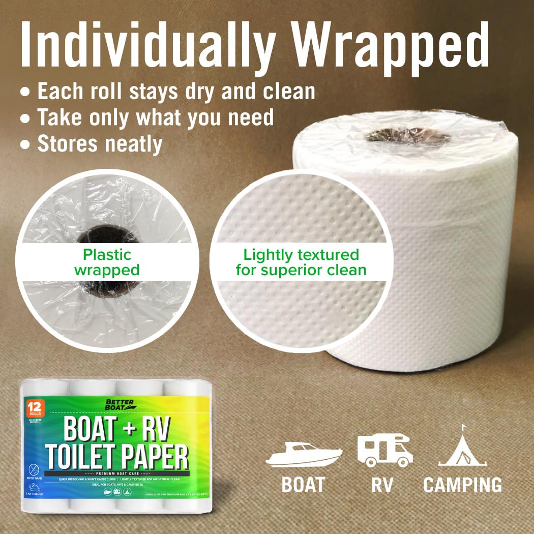 RV Toilet Paper 12 Rolls (500 Sheets Each) - Rapid Dissolving 2-Ply, Septic Safe for Camper & Marine, Individually Wrapped Camping Tissue - Better Boat