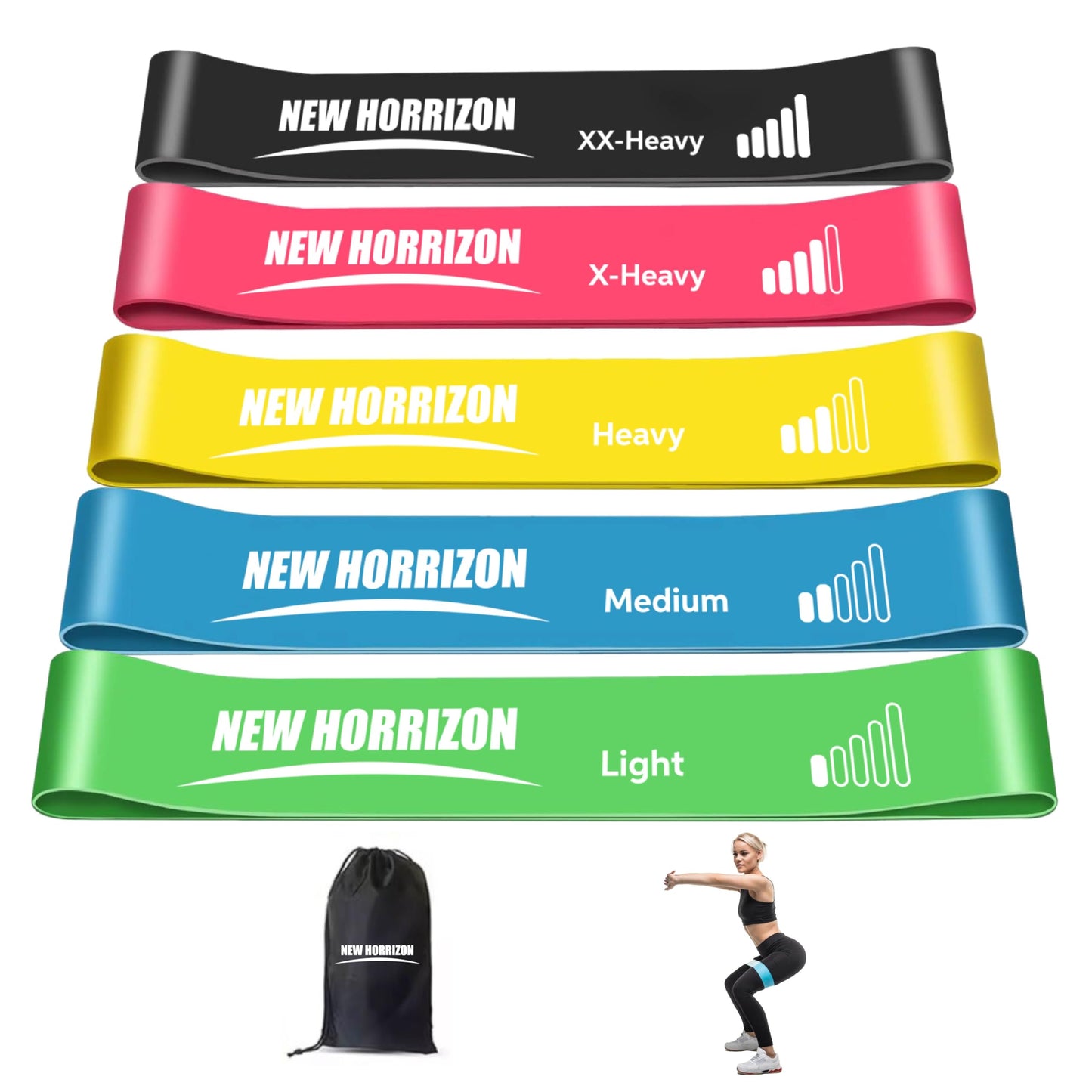 New Horrizon Resistance Bands for Working Out Set of 5 with Carry Bag, Resistance Loop Exercise Bands for Strength Training, Physical Therapy & Pilates, Home Gym Workout Equipment for Men & Women