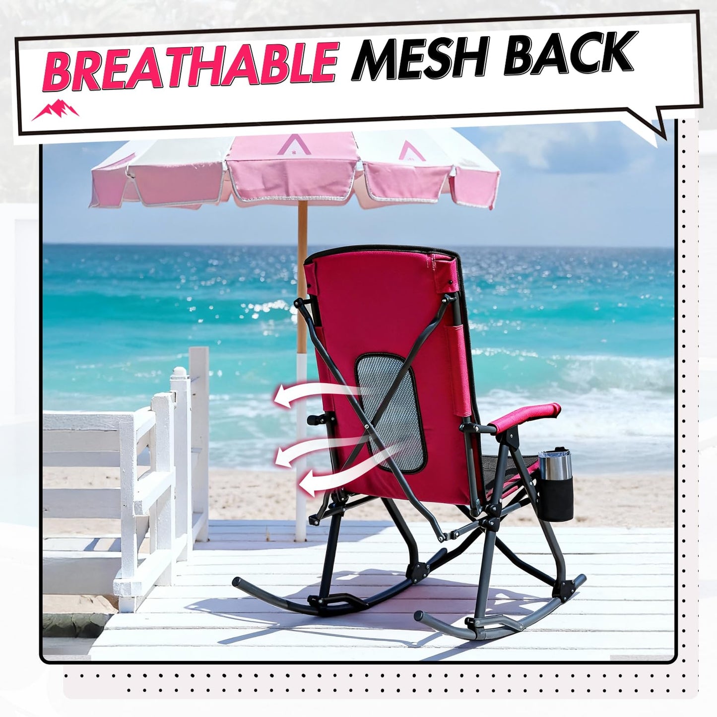 Portal Oversized Folding Rocking Camping Chair Portable Outdoor Rocker with High Back, Pillow for Lawn, Patio, Camping Outside, Hot Pink, 400 lbs