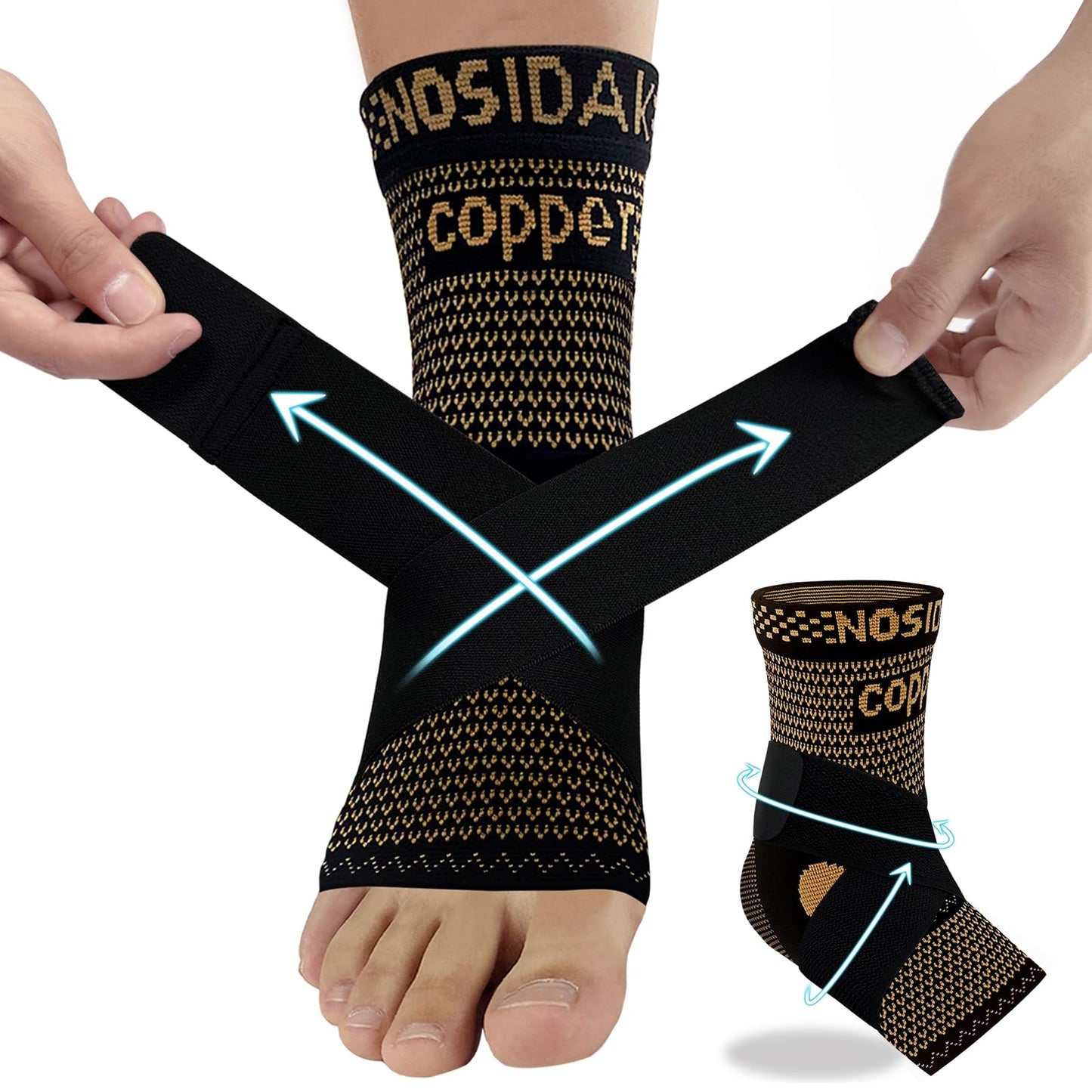 NOSIDAK Copper Ankle Brace for Men & Women w/Ankle Wrap, Ankle Support Compression Sleeve w/Arch Support for Plantar Fasciitis Relief, Achilles Tendonitis, Heel Spur, Joint Pain, Swelling, Sprain