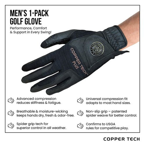Copper Tech Plus Men's Left for Right Handed Golfers Golf Glove – Advanced Compression for Muscle Support, Joint Relief Gloves – Black/Black, 1 Pack, XX-Large