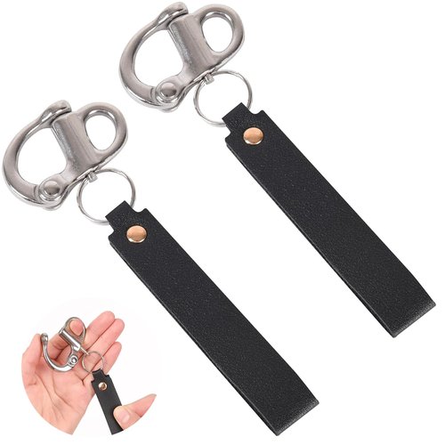 PIHIL 2Pcs Quick Release Clip Shackle for SCBA Mask, Firefighter Accessories, Quick Release Snap Shackle, with Leather Handle, Marine Grade 316 Stainless Steel Shackle for Rigging, Black