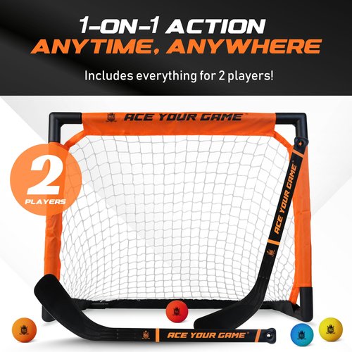 ACE HOCKEY - Shinny Hockey Set - Complete 2-Player Indoor/Outdoor Kit - Knee Hockey Goal Set (1) Goal, (2) Mini Sticks, and (4) Foam Balls - Mini Hockey Set