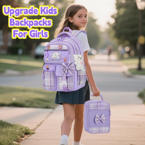 LEWKANA Girls Backpack with Lunch Box Set, 5pc Purple Cute Kawaii Bookbag for Teens, Aesthetic School Backpack for Elementary