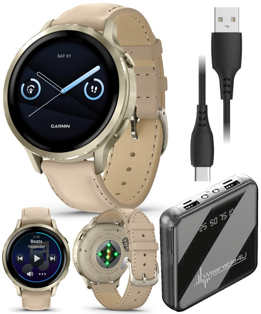Garmin Venu 4 41mm AMOLED Advanced Health & Fitness GPS Smartwatch, Colorful Display, Built-in Flashlight, Lunar Gold w/Bone Silicone & Light Sand Leather Bands w/Wearable4U PowerBank Bundle