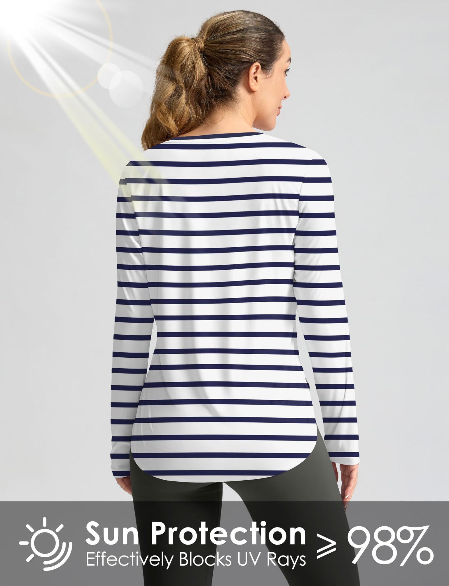 Women's Sun Shirts UPF 50+ Long Sleeve UV Protection Shirt Lightweight Quick Dry Workout Hiking Tops for Women(White/Deep Sea Stripe,XS)