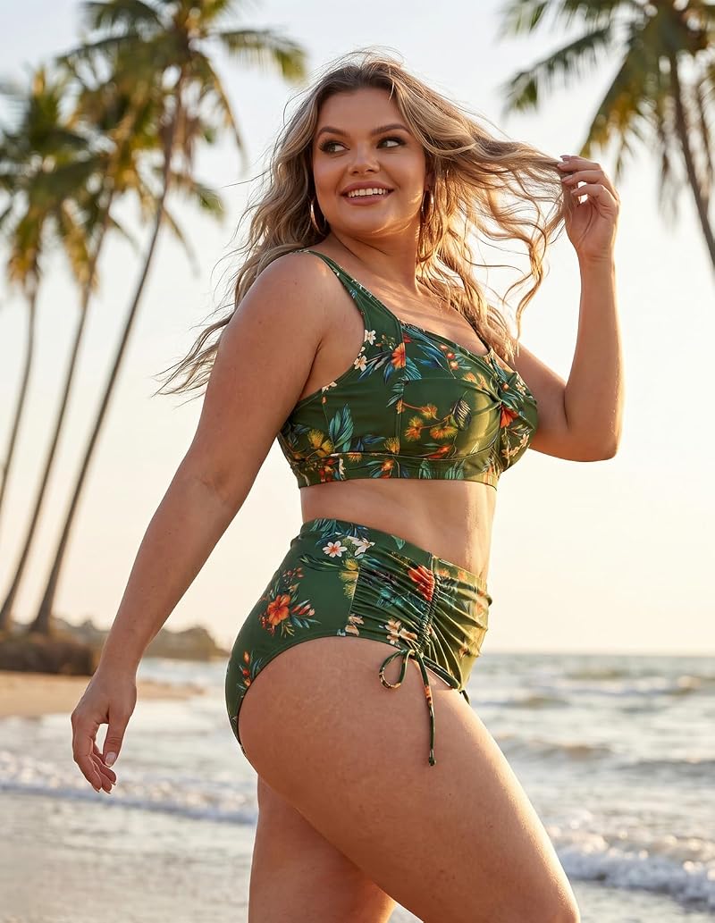 Plus Size Green Floral Two-Piece High Waisted Bikini – Hanna Nikole Variation: Green Flowers+18