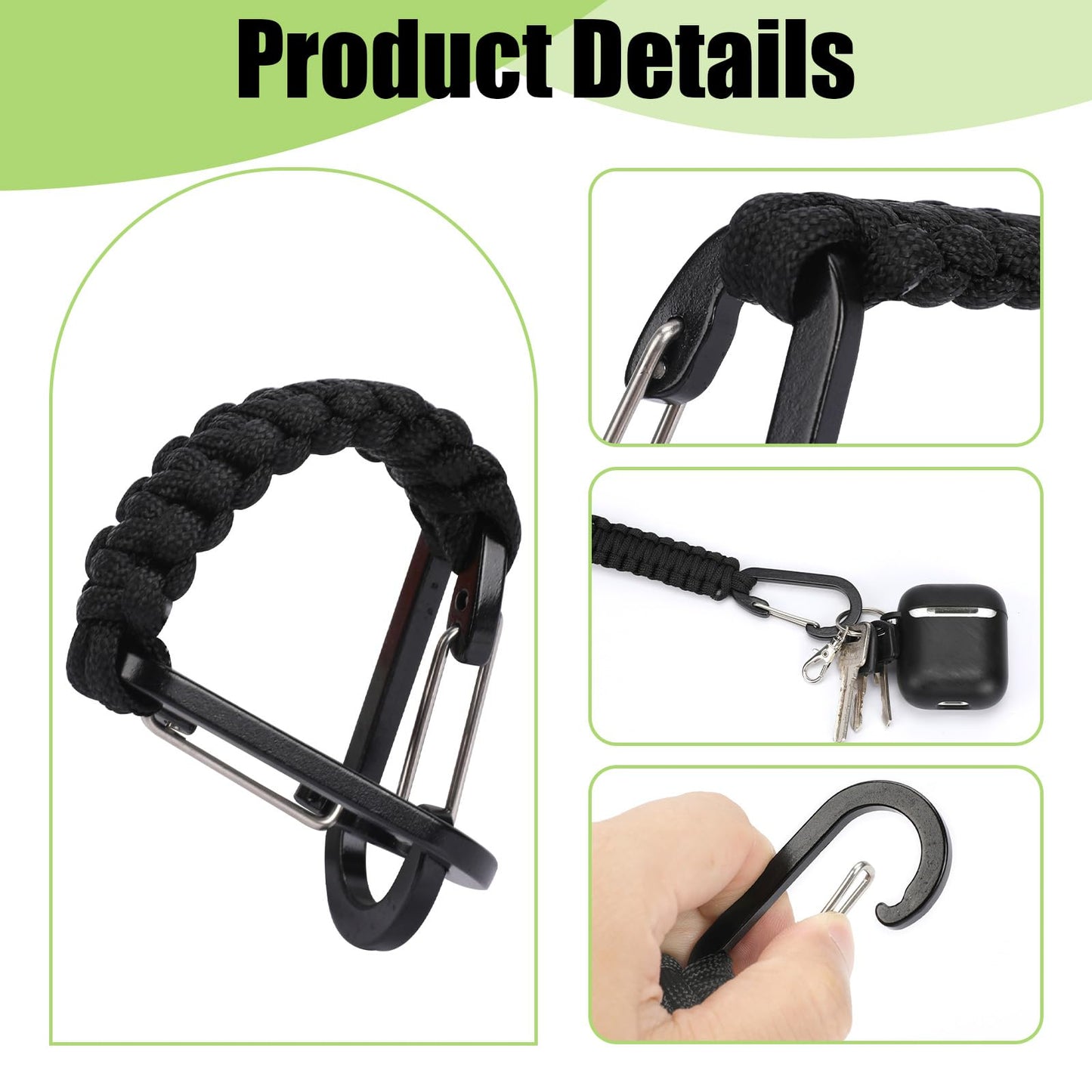 Xelsluthe 5 Pieces Paracord Keychain, Heavy Duty Paracord Keychain Carabiner Clip Braided Lanyard Key Chain for Water Bottle Keys Backpack Tools Camping Hiking Clip Men Women Black