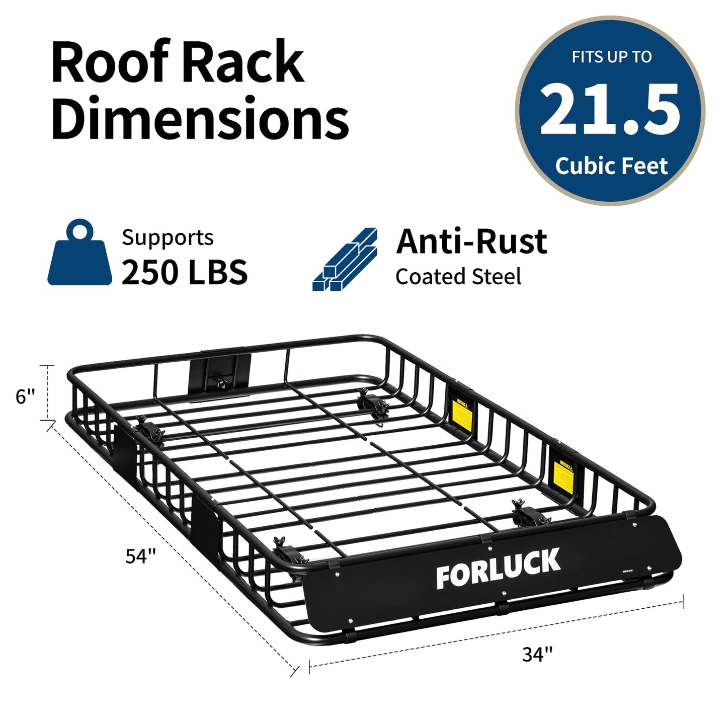 Forluck 54 x 34 x 6 Inch Universal 250 LBS Heavy Duty Roof Rack Cargo Carrier with Waterproof Bag, Extension Rooftop Cargo Carrier, Car Top Luggage Holder for SUV, Truck or RV Steel Construction