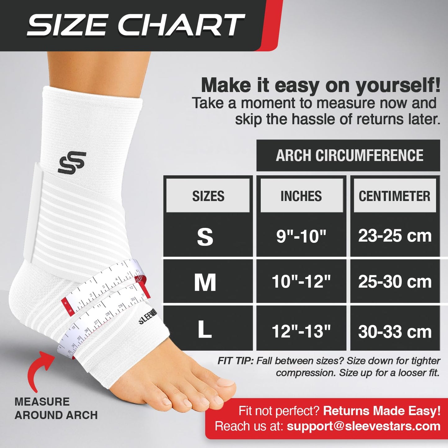 Sleeve Stars Ankle Brace for Women & Men, Ankle Wrap for Sprained Ankle, Compression Sleeve for Plantar Fasciitis Relief, Easy Customizable Support: w/Removable Strap (Single/M:10"-12"/White)