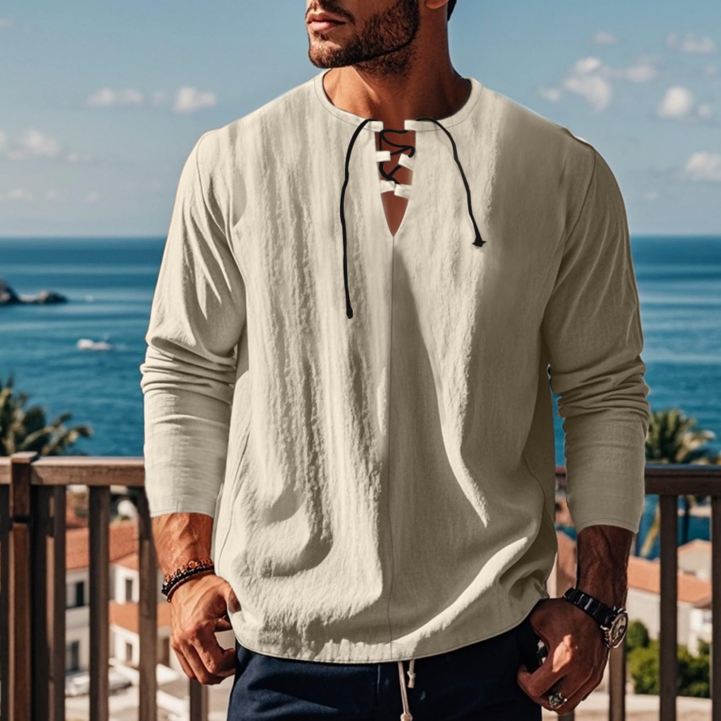 Men's Summer Cotton T Shirts Casual Long Sleeve V Neck Shirts Hippie Beach Tops Drawstring Linen Shirts Linen Henley Shirts Apricot XL