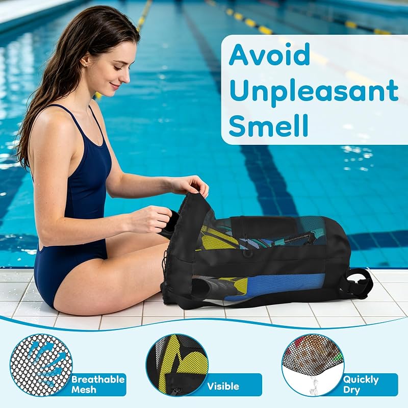 Drawstring Mesh Backpack with Pocket – Gym & Beach Bag, Black - 1pc