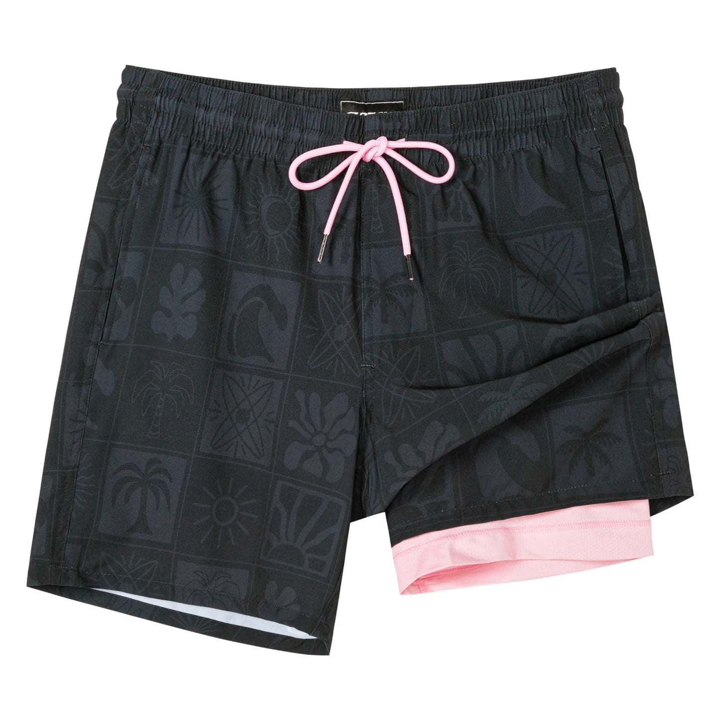 SURF CUZ Mens Swim Trunks with Compression Liner Quick Dry Swim Shorts 7" Swimming Trunks Stretch Bathing Suit 7 Inch,Black Pink,XS