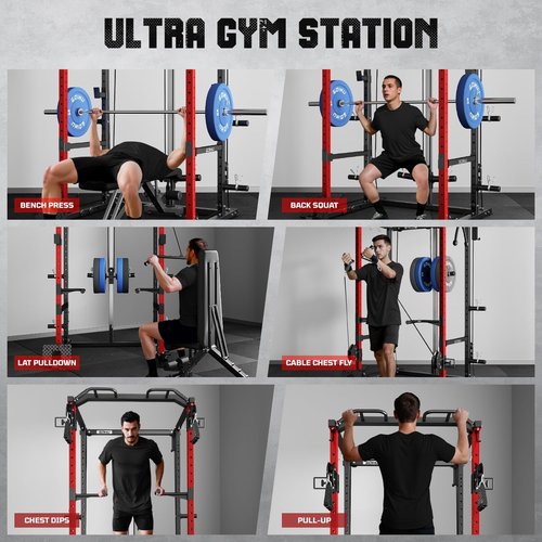Goimu R1-V4 Power Cage Rack, 2000LB Squat Rack with Cable Crossover System, Multi-Function Weight Cage, Home Gym Workout Machine with More Training Attachments (R1-V4-Power Cage RD)