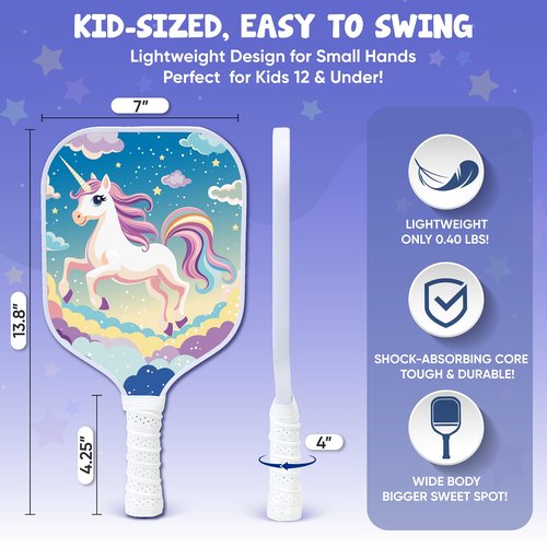 Dany x Kevin Kids Pickleball Paddle – Magical Unicorn Design for Ages 3–12 | Lightweight Fiberglass (0.37 lbs) | Small Grip for Easy Control | Fun Beginner Gift for Girls, Toddlers & Youth