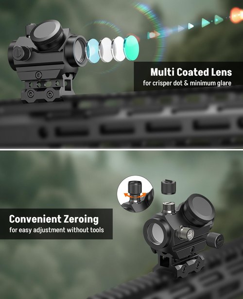 MidTen Rechargeable Green Dot Sight with Motion Awake 3 MOA Dot Compact Scope, 1x21mm Optics with Lower 1/3 Co-Witness Riser & Low-Profile for 20mm Pica tinny Mount, IPX7 Waterproof & Fogproof