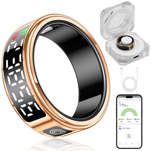 Smart Ring with Display - Fitness Tracker, Heart Rate Monitor, Sleep Tracker, Step Counter, Gesture Control for TikTok & Camera - IP68 Waterproof, Extended Battery Life Gold #09