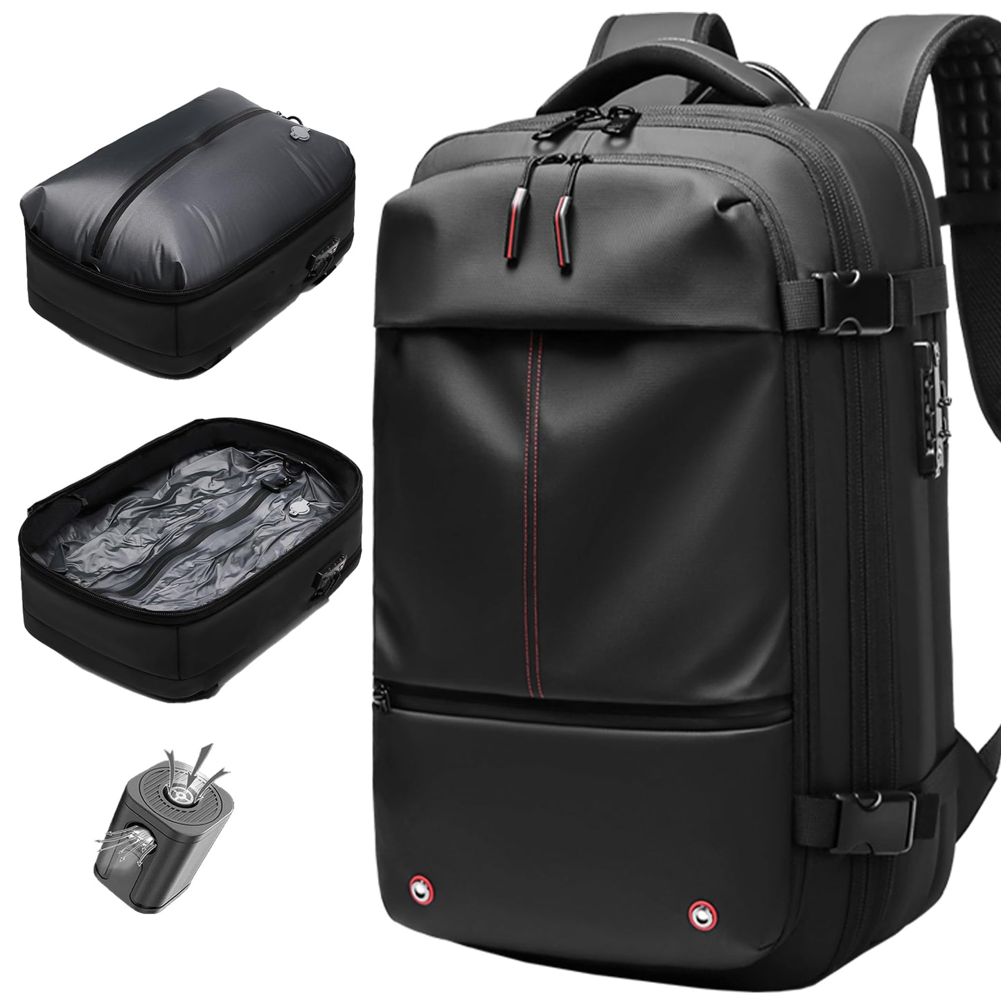 IKYWT Vacuum Seal Backpack Travel 60L Expandable Air Compression System, Airback Vacpack Backpack TSA Lock Water Resistant Carry-On Luggage (Black, with Pump)
