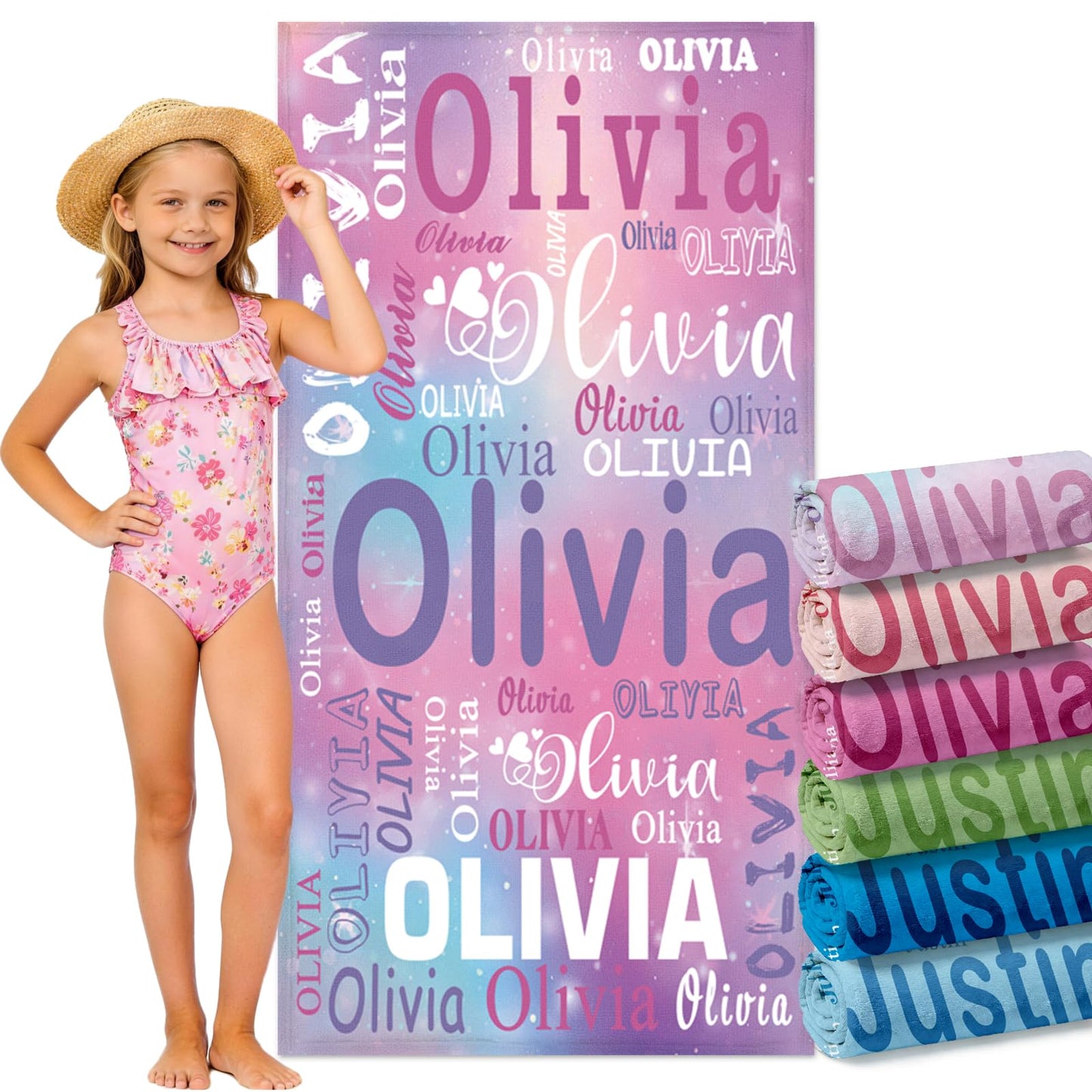 EVER2000 Personalized Beach Towels for Kids Custom Sand Free Beach Towel with Names Quick Dry Microfiber Pool Towels for Girls Boys Summer Beach Easter Gifts for Kids Teens