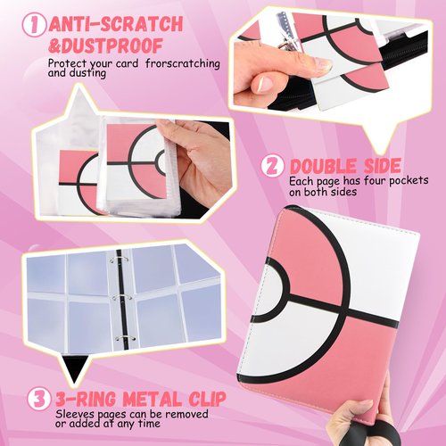 Card Binder 4 Pocket, Trading Card Holder Fits 400 Cards with 50 Removable Sleeves, Large Capacity & Waterproof Zipper Album Holder for Trading Card Collector, Portable Collection Card Album for Cards