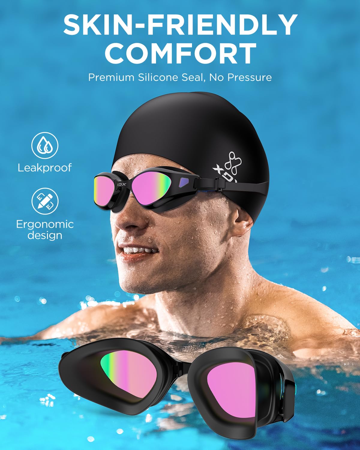 XDX Swim Goggles, Anti-Fog Pool Goggles with Detachable Lenses UV Protection Swimming Goggles for Youth Men Women,Bright Rose