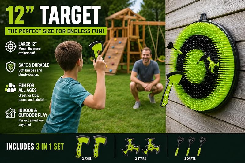 Leeray 3-in-1 Axe Throwing Game with Bristle Target Board - 12-Inch Green (Black+Green) Variation