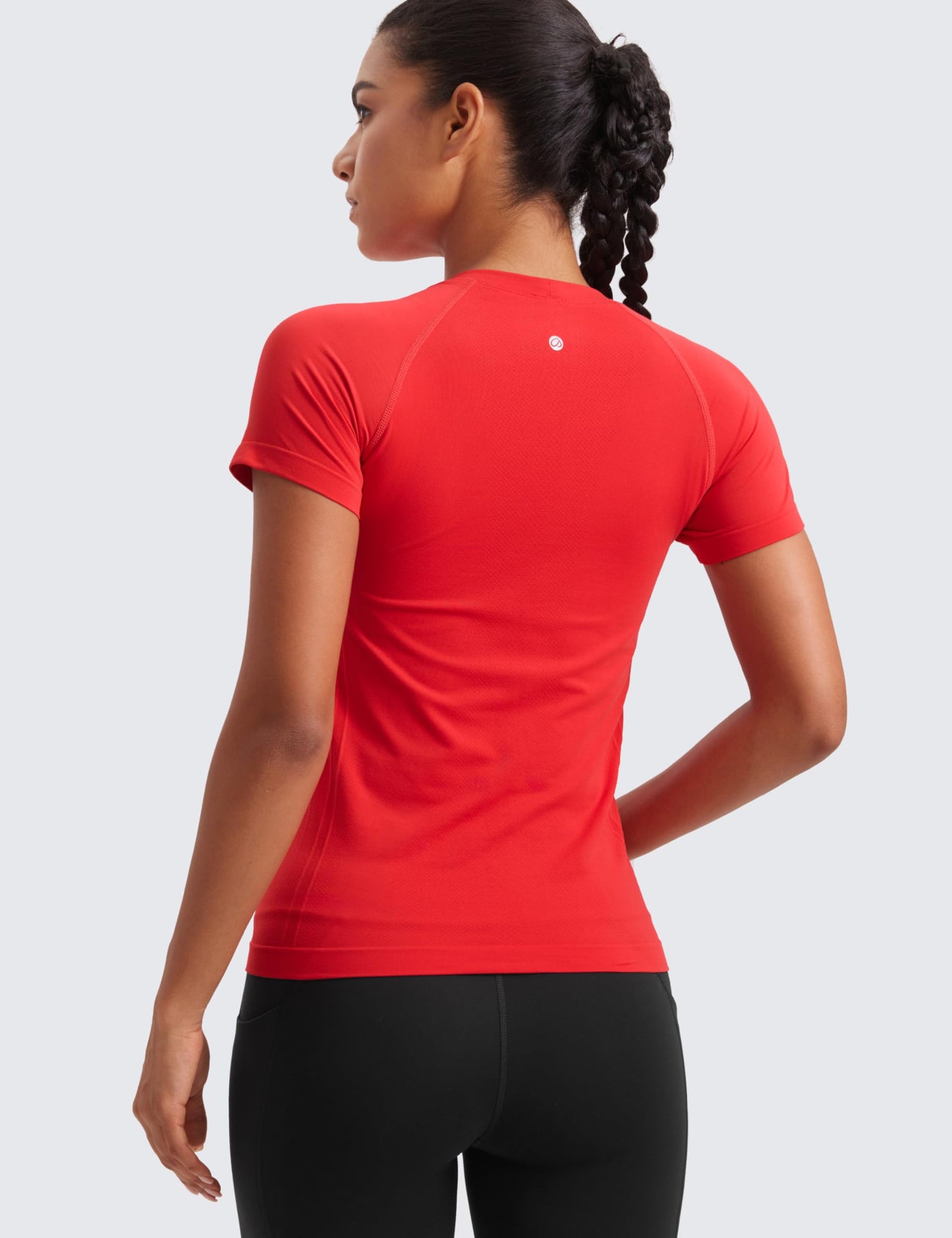 CRZ YOGA Seamless Workout Tops for Women Hip Length - Athletic Running Gym Yoga Short Sleeve Shirts Breathable Crewneck Tees Deep Red XX-Small