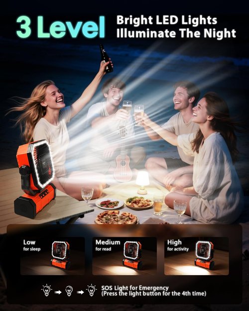 Super RGB 20000mAh Portable Camping Fan W/Bluetooth Speaker, Rechargeable Battery Operated Oscillating Camp Tent Fan W/Remote control, 4 Speeds, LED lights & 360° Rotation Hook for Outdoor RV Travel