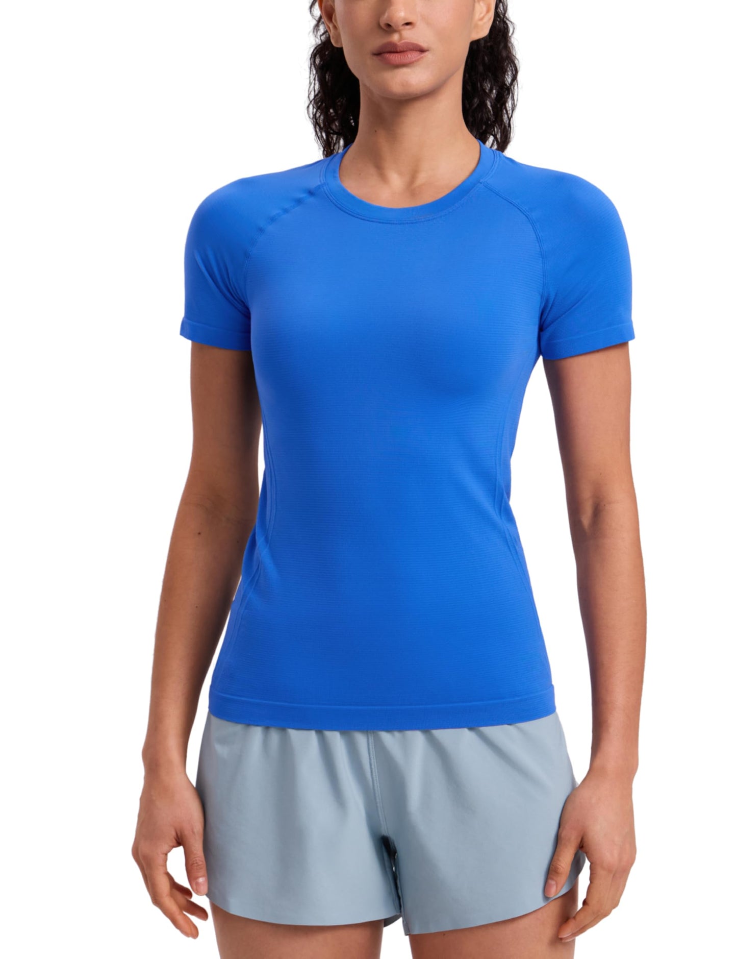 CRZ YOGA Seamless Workout Tops for Women Hip Length - Athletic Running Gym Yoga Short Sleeve Shirts Breathable Crewneck Tees Sparkle Blue XX-Small