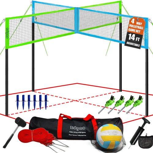 Zdgao Four Way Volleyball Net 14ft x 14ft Height Adjustable 4 Square Volleyball Badminton Outdoor Set for Backyard Lawn Beach Game Play | Come with Soft Volleyball, Hammer and Carry Bag