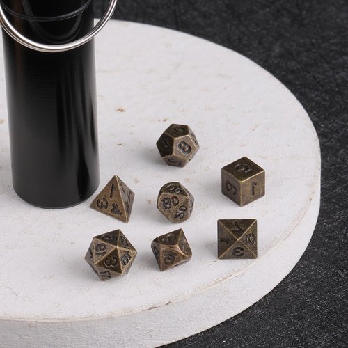 7 PCS Mini Dice Set, DND Miniature Metal Game Dice Set Portable Antique Copper Miniature with Keychain Case for D&D Player TTRPG Gamer or Dungeons and Dragons Role Playing Table Game Tools Gifts