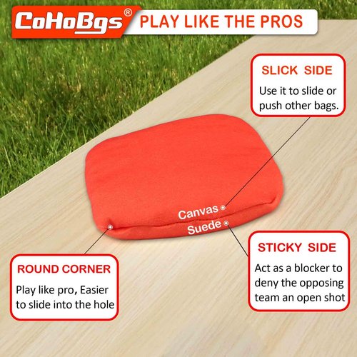 CoHoBgs Corn Hole Bags Set 8, Professional Cornhole Bags Dual-Sided Slick & Stick Resin Filled Suede and Duck Canvas Bean Bags for Cornhole Game Includes Carry Case