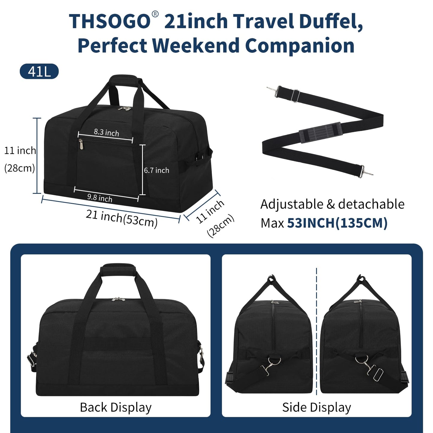THSOGO 21 inch Gym Bag for Men - 40L Travel Duffel Bag Sport Duffle Bags for Weekend Overnight with Bottom Support (Black）