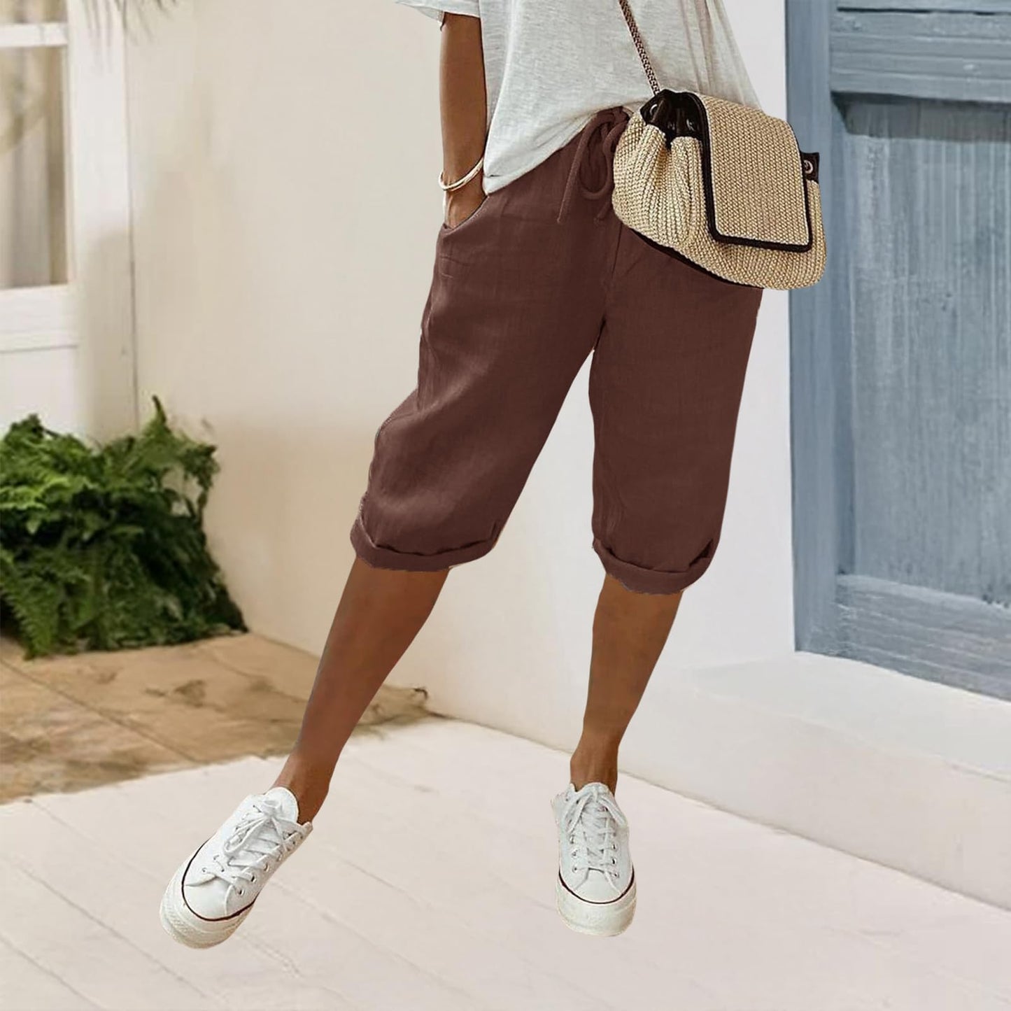 Women's Elastic Waist Knee Length Cotton Bermuda Shorts Drawstring Elastic Waist Linen Blend Short Summer Flowy Breathable Beach Vacation Shorts Brown 2XL