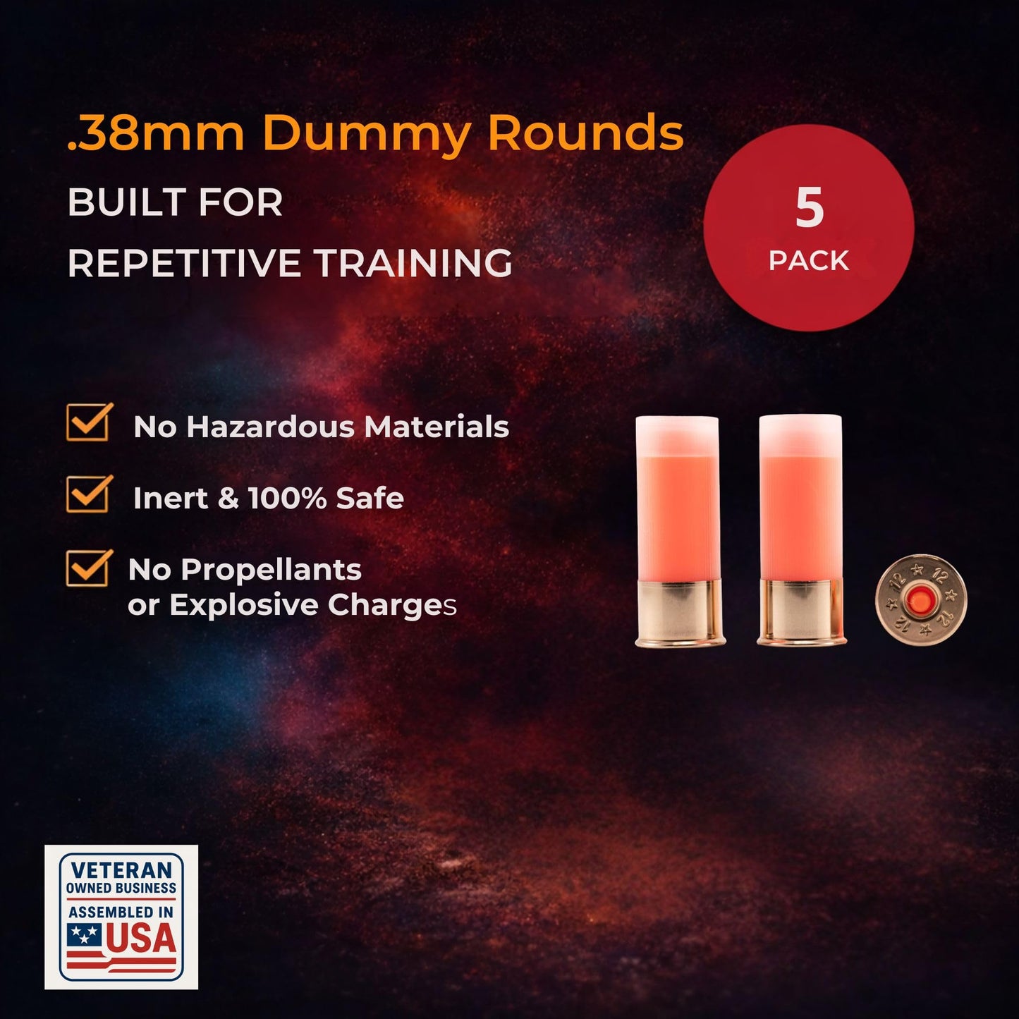 ST Action Pro 12 Gauge Snap Caps – 5 Pack Inert Training Dummy Rounds for Dry Fire, Reloading & Malfunction Drills – Brass Casing, Orange UV Insert – Veteran-Owned, Assesmbled in USA – Safe & Reusable