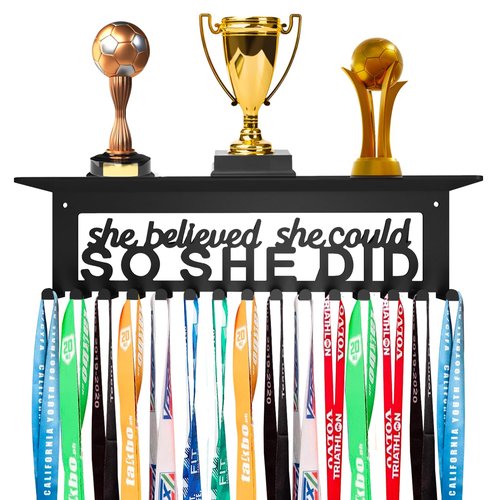 Dafftos Medal Hanger Display Holder Wall Ribbon Organizer Race Storage Frame Awards Bib Holder Medal Hanging Metal Rack Cheer Gymnastics Soccer Softball Runner She Believed She Could So She Did