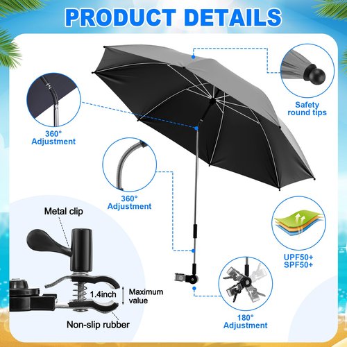 Yuntau 2 Set Reclining Camping Chair with Umbrella Clamp, Adjustable Beach Chair with Foot Rest, SPF 50+, Folding Shade Camping Lounger Recliner for Adult Outdoor(Grey,Blue,Oxford)