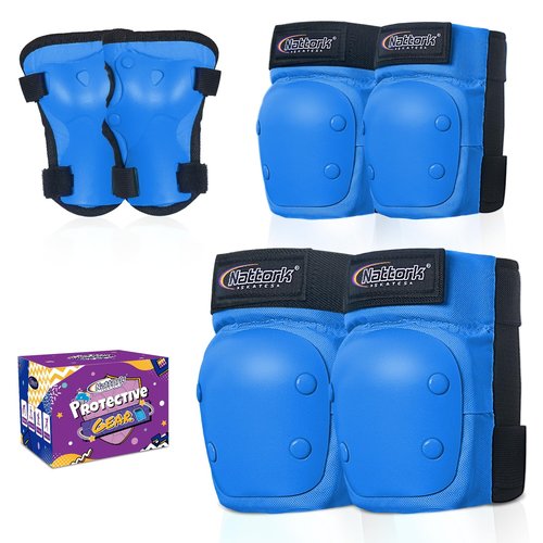 Nattork Knee Pads, Elbow Pads&Wrist Guards for Kids Youth Adults, 6 in 1 Protective Gear Set for Skateboard, Roller Skate, Inline Skates, Cycling and Scooter Boys Girls Blue Age 3-8
