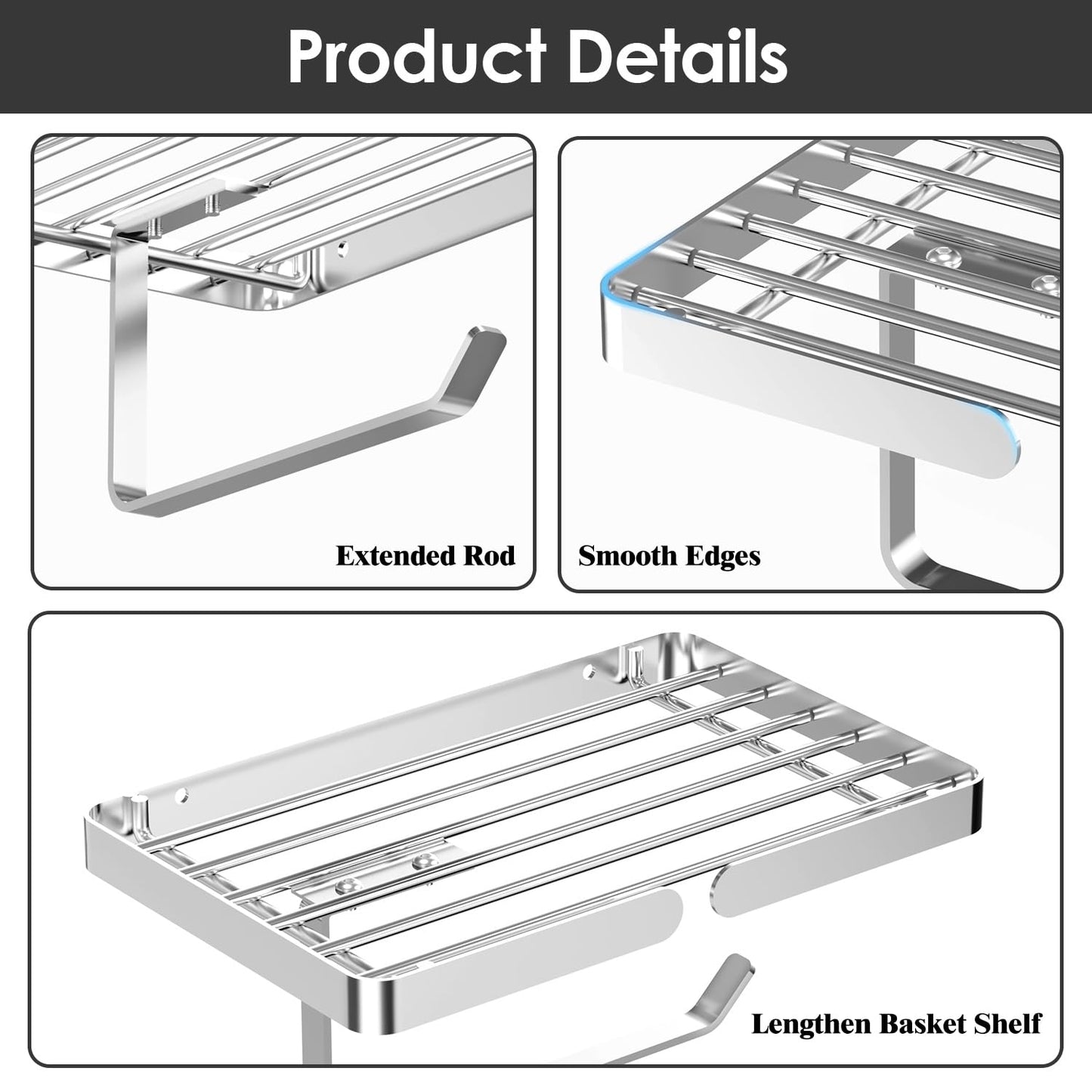 Toilet Paper Holder with Wipes Holder, Self Adhesive Toilet Rolls Holder Without Drilling, Rustproof Stainless Steel