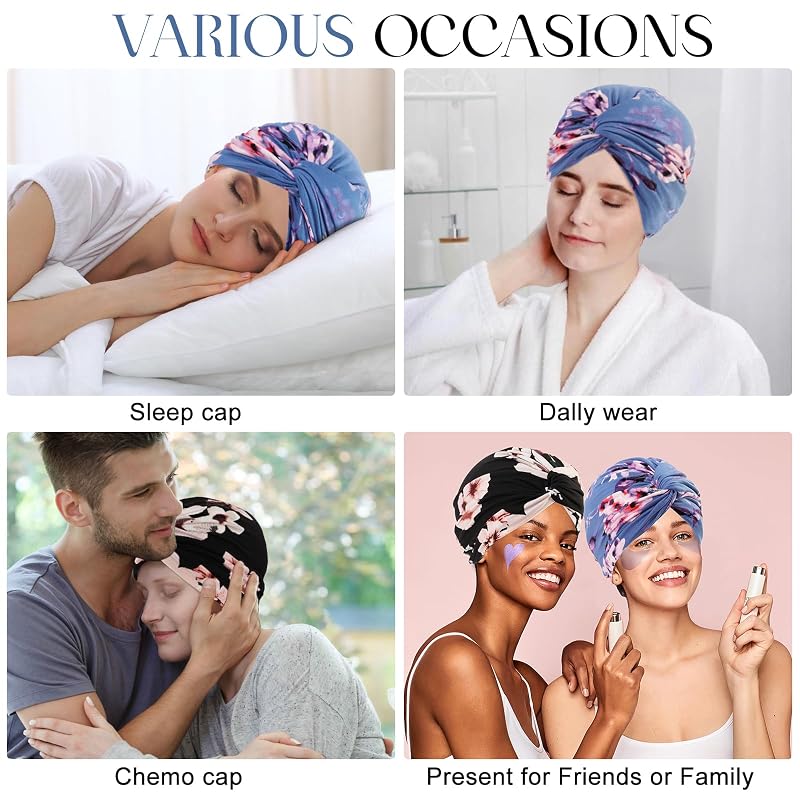 Two-Piece Printed Turban Head Wrap Set for Women - Pre-Tied Knot Chemo Headwear (Black, Blue Floral)