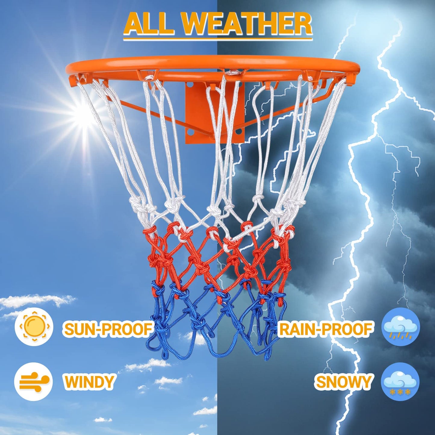 All Weather Anti Whip, Fits Standard Indoor or Outdoor Rims - Ultra Heavy Duty Basketball Net Replacement - 12 Loops Rim Net Style a