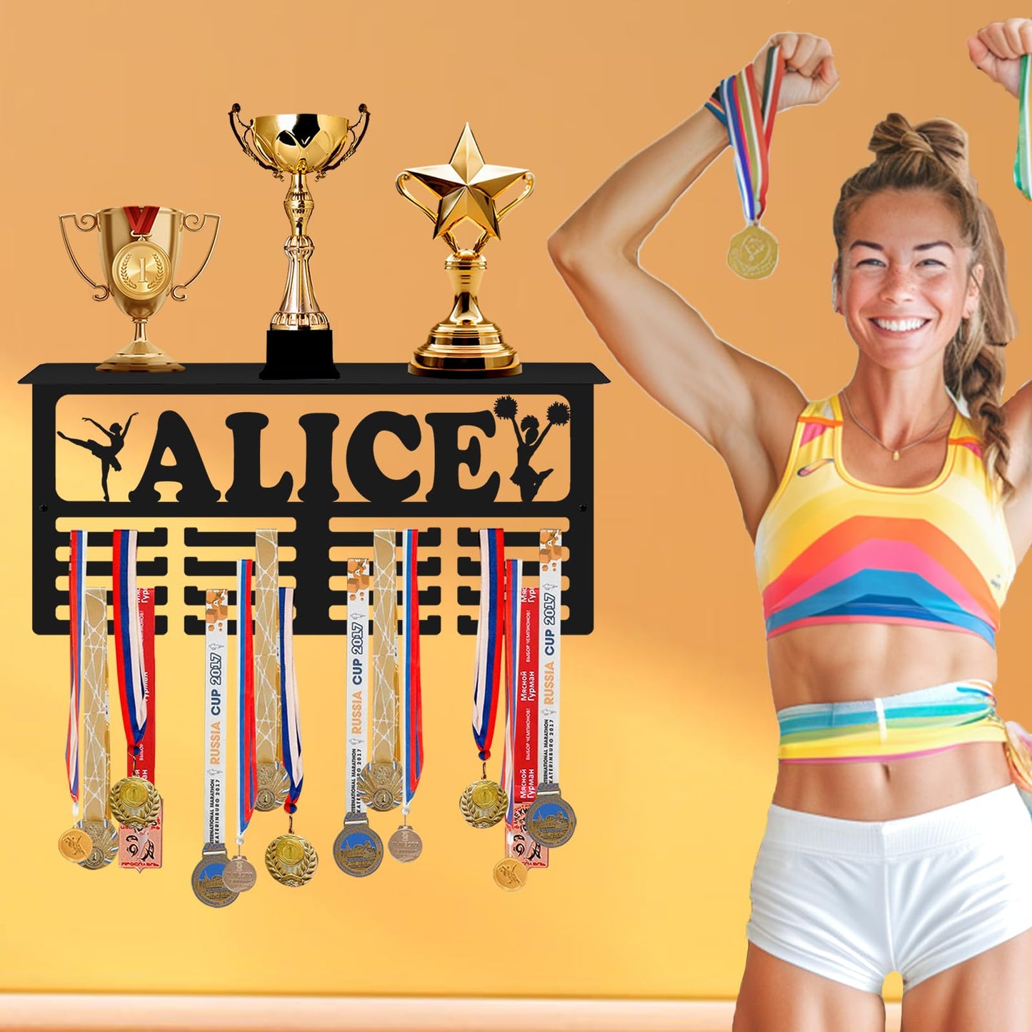Xiuyours Personalized Medal Holder with Name Quote Custom Hanger Display for Awards Ribbons Wall Gymnastics Runners Boys Girls Kids Customized Gift Sports Display Metal Medal Rack