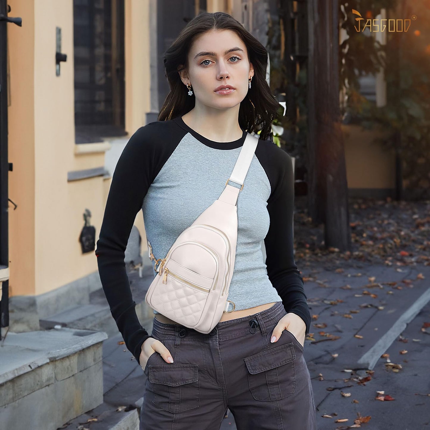 JASGOOD Sling Bag for Women Crossbody Leather Anti-theft Fanny Packs Chest Bag Sling Backpack for Fashion Travel,Light Gray