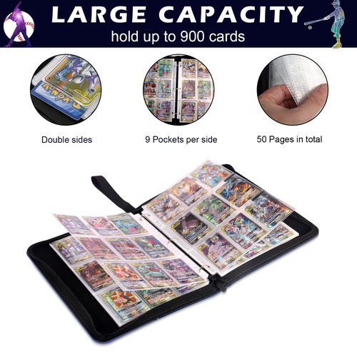 CECOKESO Trading Card Binder with Sleeves, Sports Card Binder Collectible Trading Card Albums with 50 Removable Sleeves (Blue, 9 Pocket)