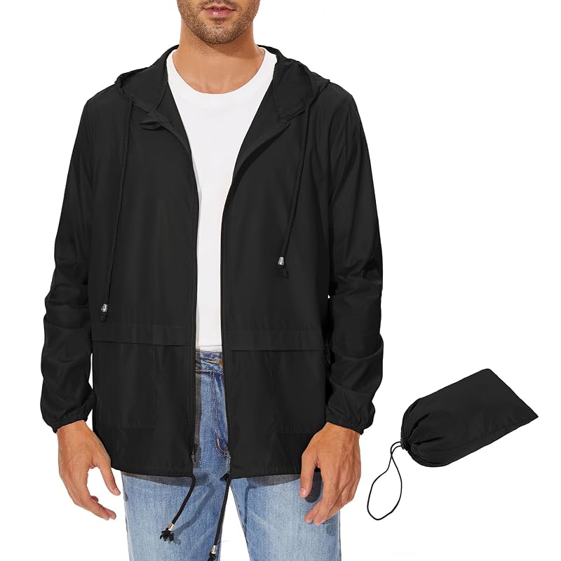 Zando Lightweight Rain Jacket for Men - Waterproof Hooded Windbreaker, Black XL