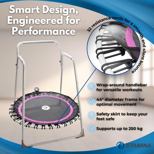 Denise Austin Home Fitness Trampoline – 44” Rebounder with Handlebar for Adults, Low Impact Cardio with Silent Elastic Resistance Bands – Balance, Rehab & Home Workouts for Seniors & Beginners