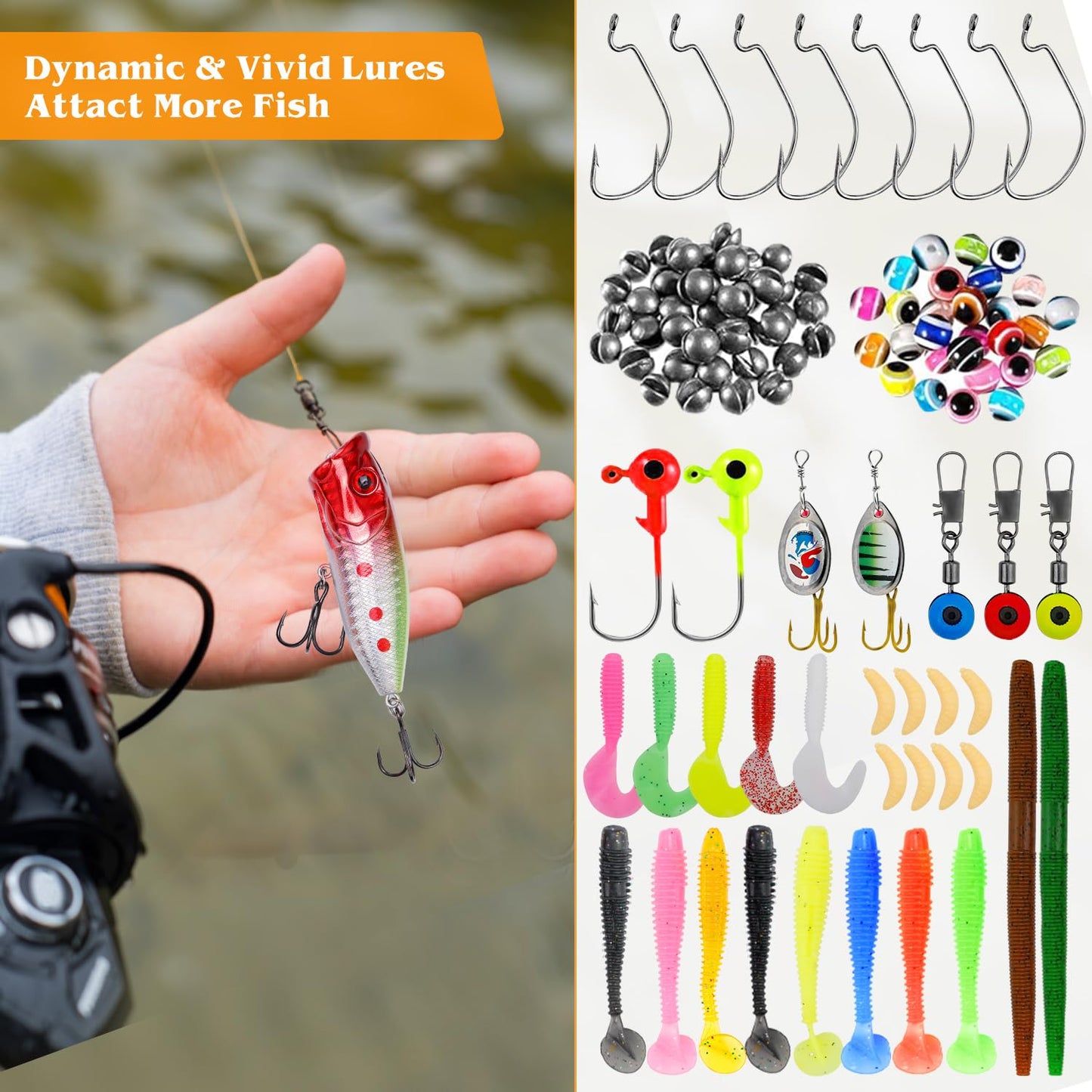155 Pcs Fishing Lures Kit with Tackle Box Include Fishing Hooks, VIB, Minnow, Spoons, Soft Baits, Weights and Other Accessories, Fishing Gear Gift for Men Bass Freshwater