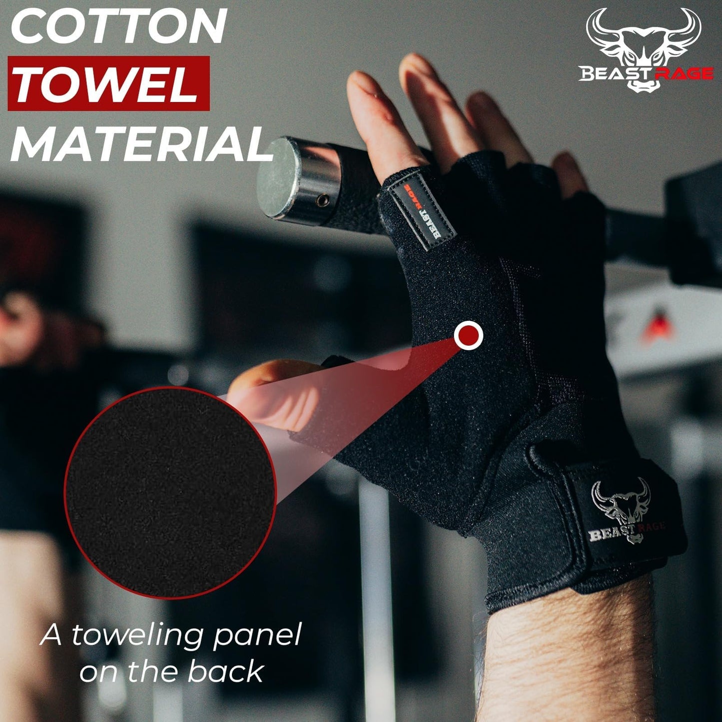 BEAST RAGE Workout Gloves for Men, Durable Palm Grip Gym Gloves Women Half Finger Elasticated Training Weight Lifting Strength Bodybuilding Anti Slip Cycling Glove Exercise (Jet Black, M)